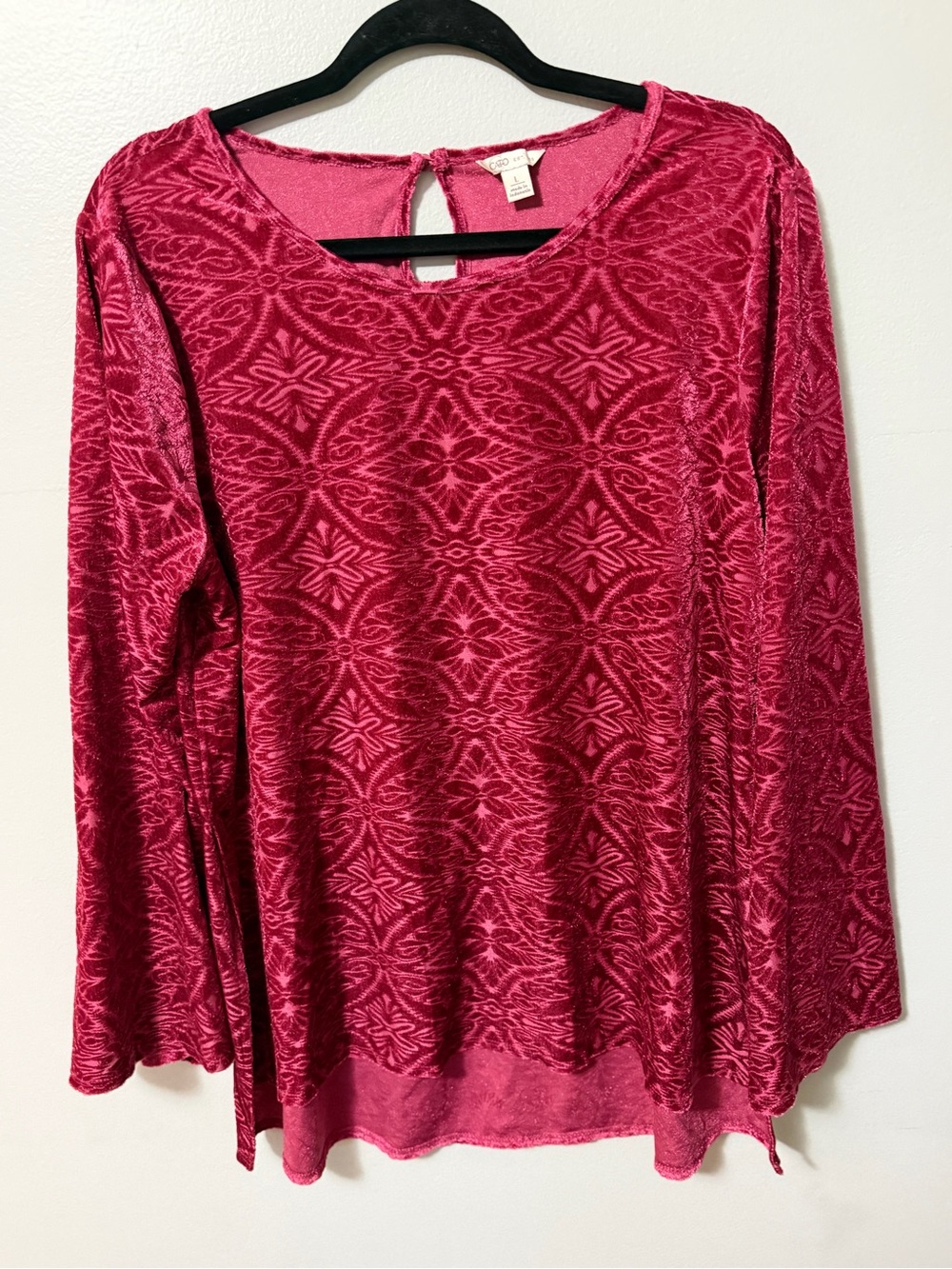 Cato Pink Burnout Velvet Top Womens Large Long Sleeve Keyhole Back Blouse